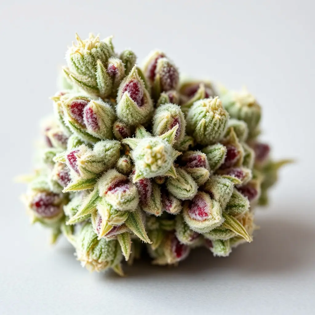 Close-up of a Froot by the Foot cannabis flower, showcasing its frosty trichome coating, bright green buds, and sticky resin texture.