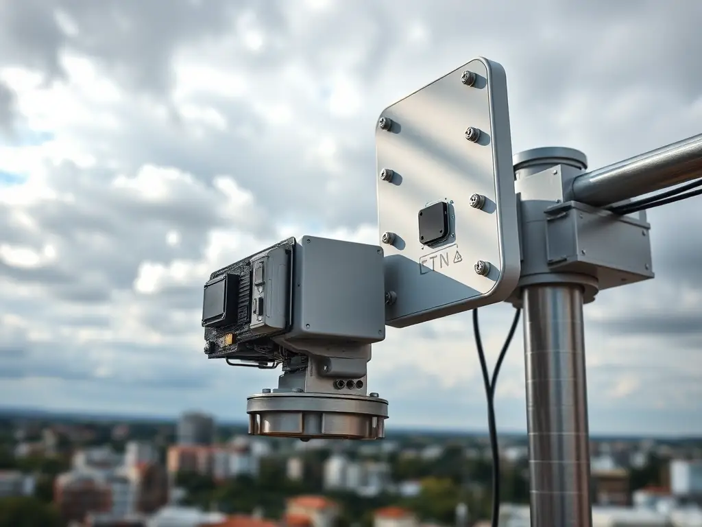 A high-tech outdoor 5G gNB antenna with integrated components, showcasing compactness and durability for challenging environments.