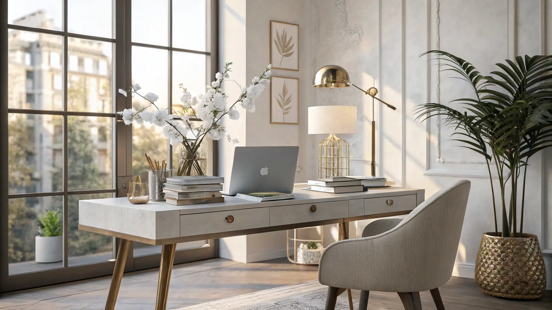 An airy, bright, futuristic-looking office desk with an old typewriter.