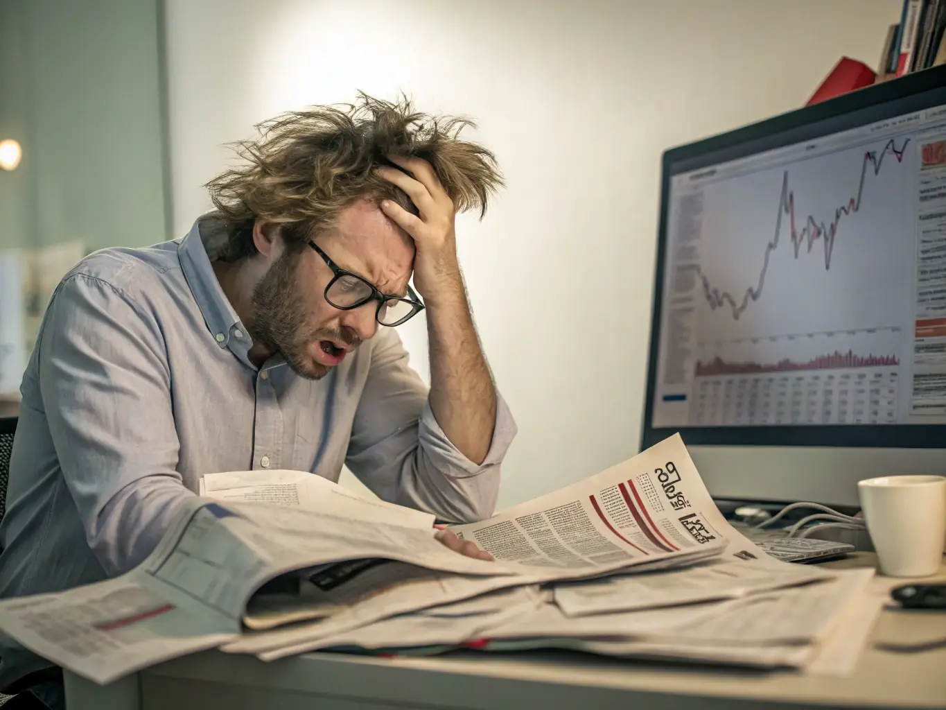 A person looking stressed while reviewing financial documents, symbolizing the urgency and need for emergency loans. The image should convey a sense of immediate financial assistance.