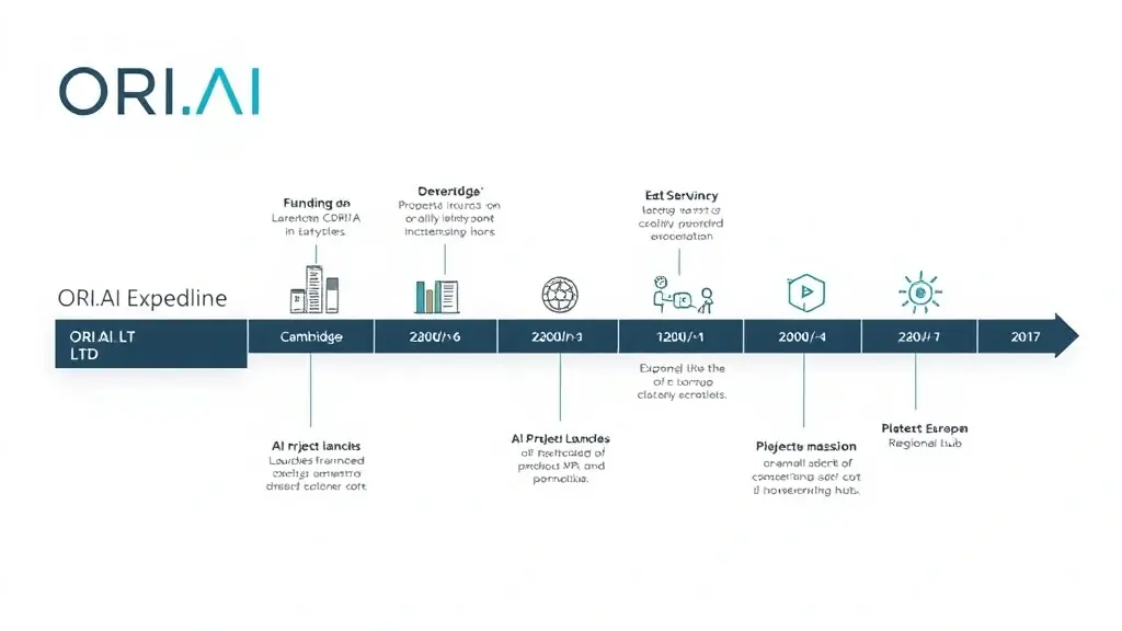 A timeline graphic showcasing ORI.AI LTD's milestones, including the founding date in Cambridge, AI project launches in various sectors, and the planned expansion for a European regional hub.