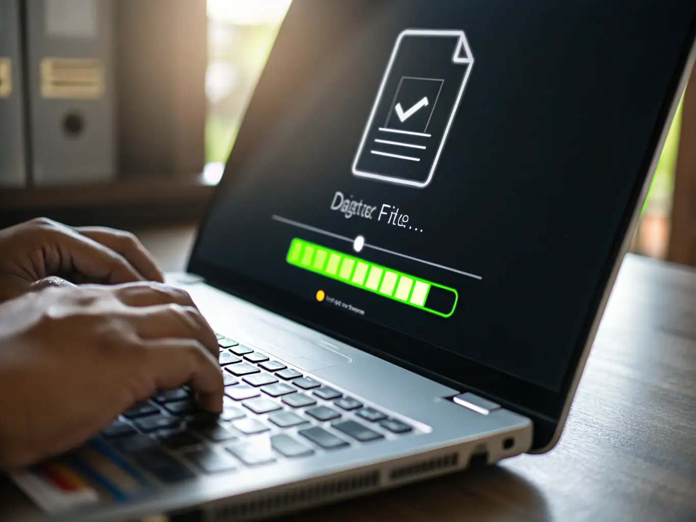 A graphic illustrating a digital file being submitted to a county recorder's office, representing the electronic submission step in Trustpoint's deed recording process.
