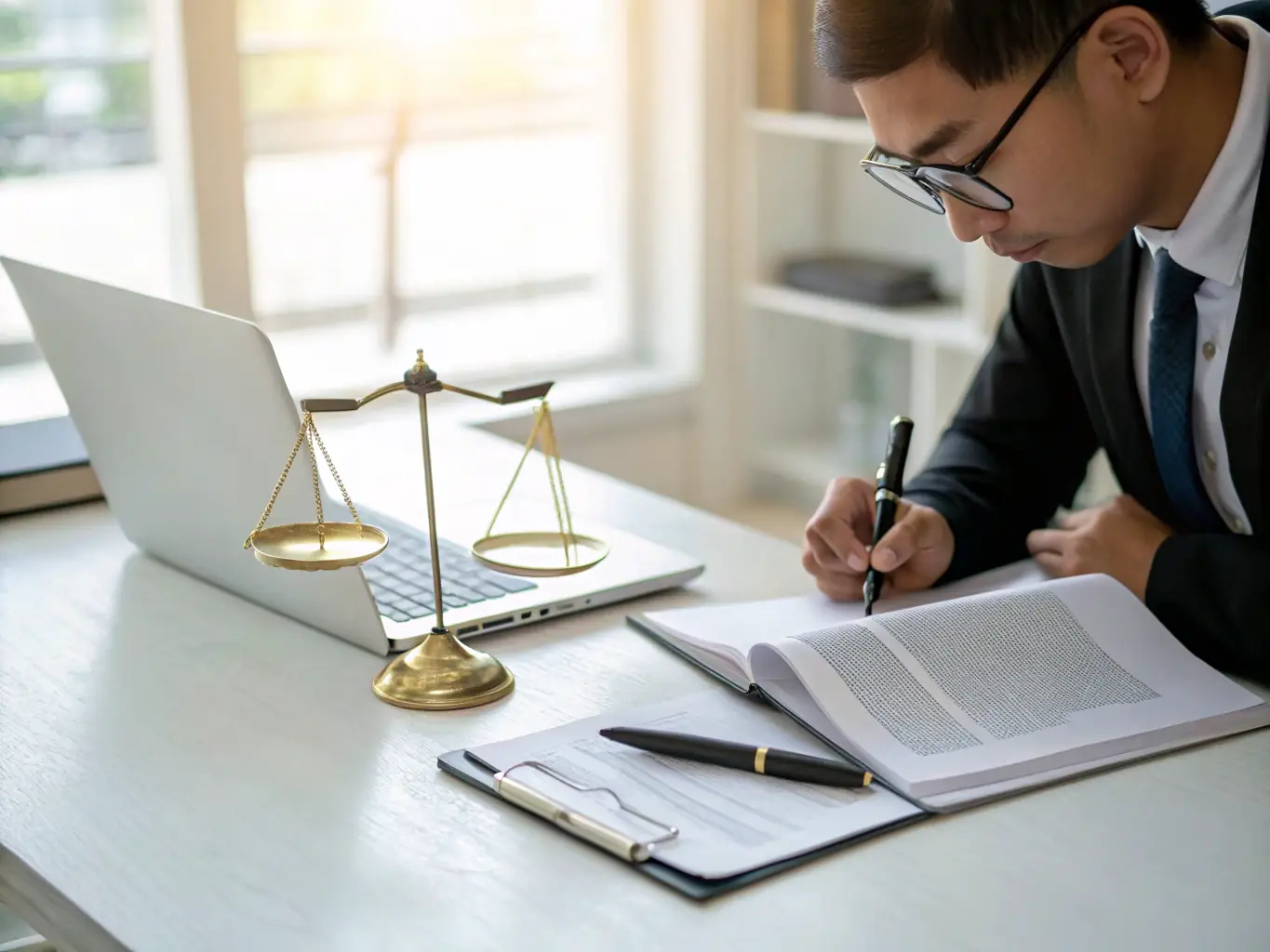 An image showing a legal professional reviewing documents with a magnifying glass, representing the review and notarization stage of Trustpoint's deed recording service.