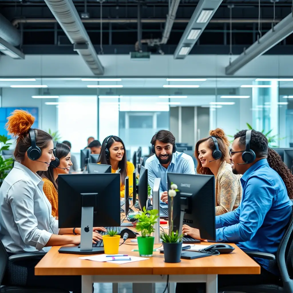 A diverse team of customer service professionals collaborating in a modern, sunlit office, showcasing the global reach and expertise of DHC Offshore's AI Customer Care solutions for financial services.