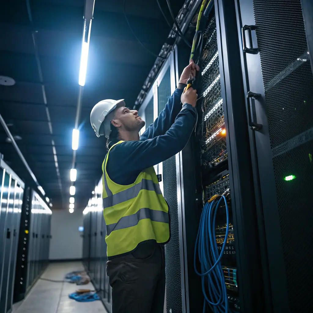 high-quality fiber optic cable splicing and structured cabling setup, showcasing professional installation and support for enterprise clients