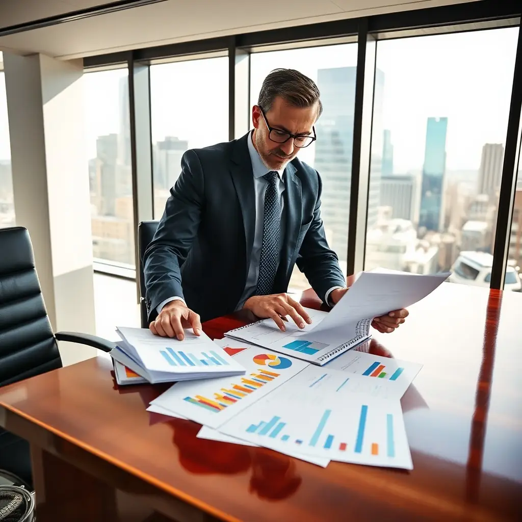 A business professional reviewing financial documents and charts in a modern office, symbolizing strategic investment planning.