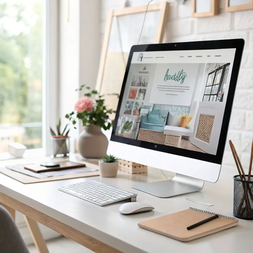 a modern digital workspace with a vibrant yellow and orange color palette, featuring a sleek computer screen displaying a website mockup, symbolizing innovative digital solutions