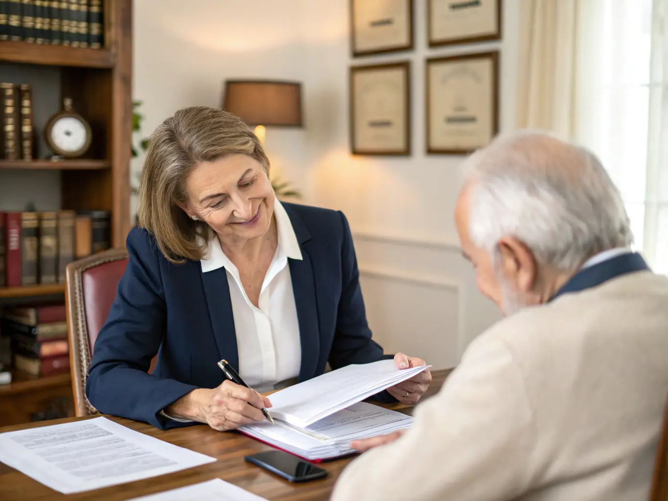 A split image showing a traditional lawyer in a suit on one side and a friendly LDA assisting a client with paperwork on the other side, symbolizing the difference in roles and approach.