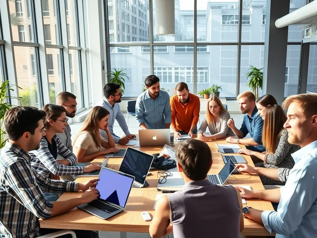 A professional photograph of a team of software developers collaborating on a project in a modern office setting, emphasizing teamwork and innovation.