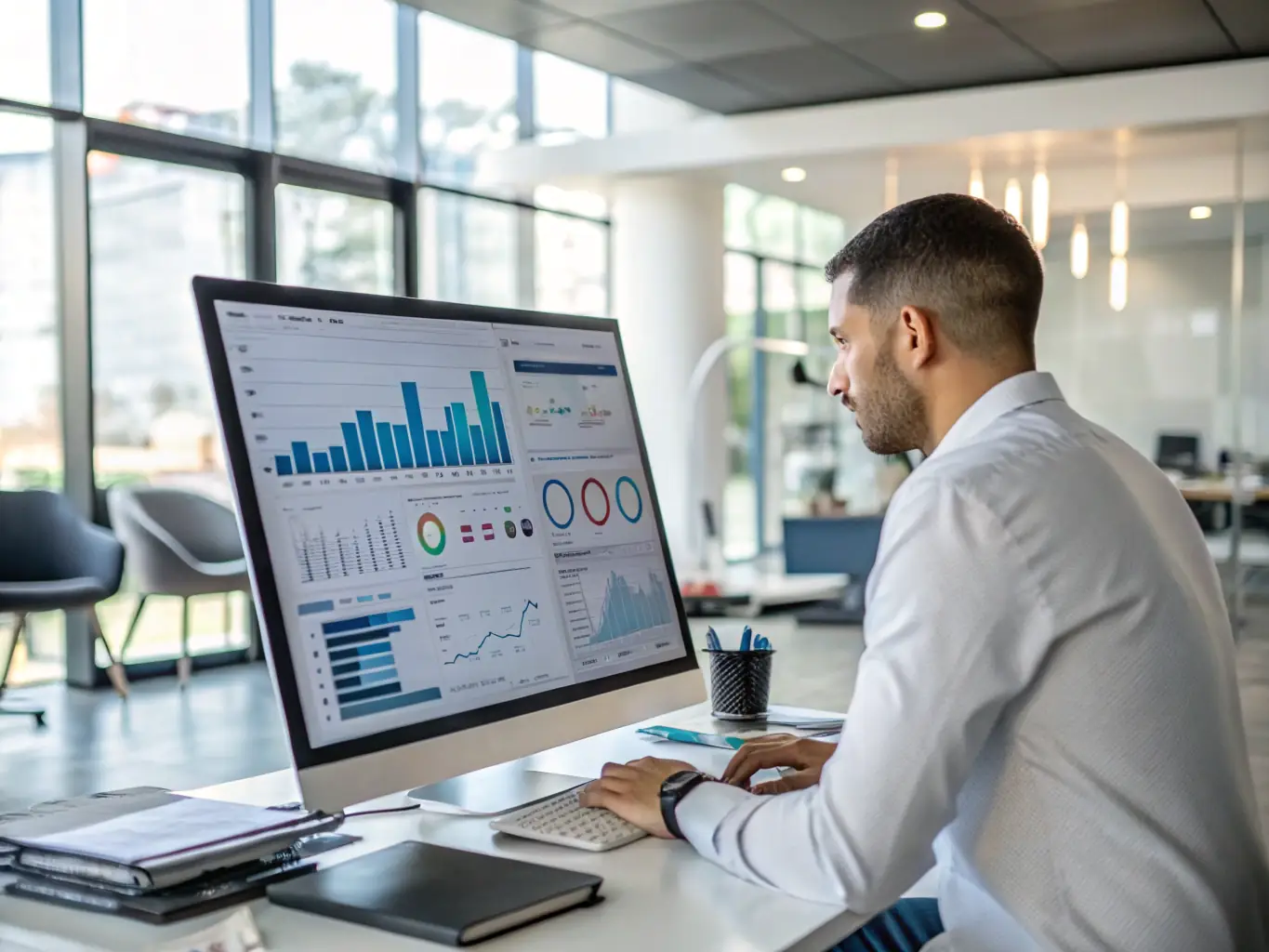 A business analyst working on a dashboard, analyzing data and generating insights for strategic decision-making.