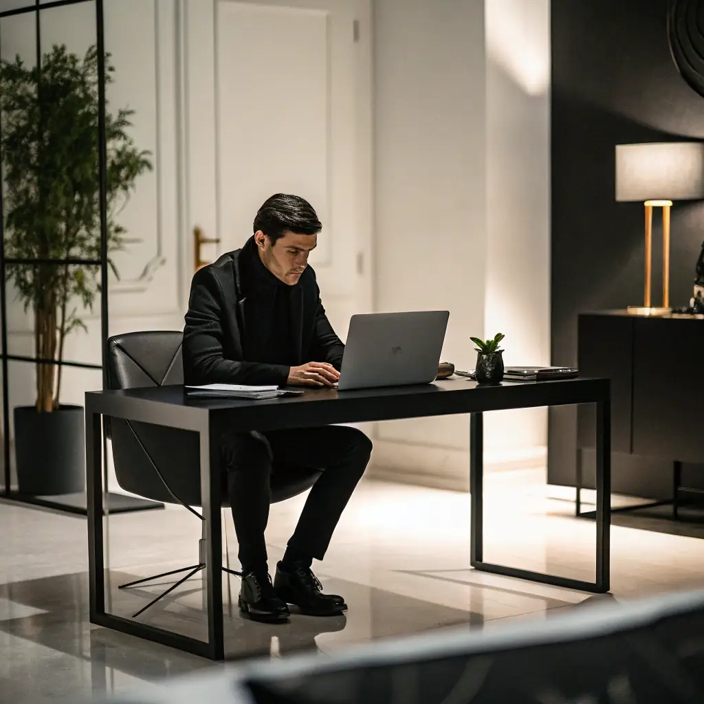 A serene image of a person calmly working at a desk, surrounded by plants, with a minimalist and uncluttered environment. The lighting is soft and natural, creating a sense of focus and tranquility. The scene should evoke a feeling of relaxed productivity.