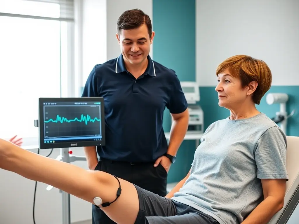 A physiotherapist guiding a patient through an sEMG biofeedback session, focusing on activating specific muscles during rehabilitation after ACL surgery. The patient is connected to sEMG sensors, and the therapist is providing real-time feedback.