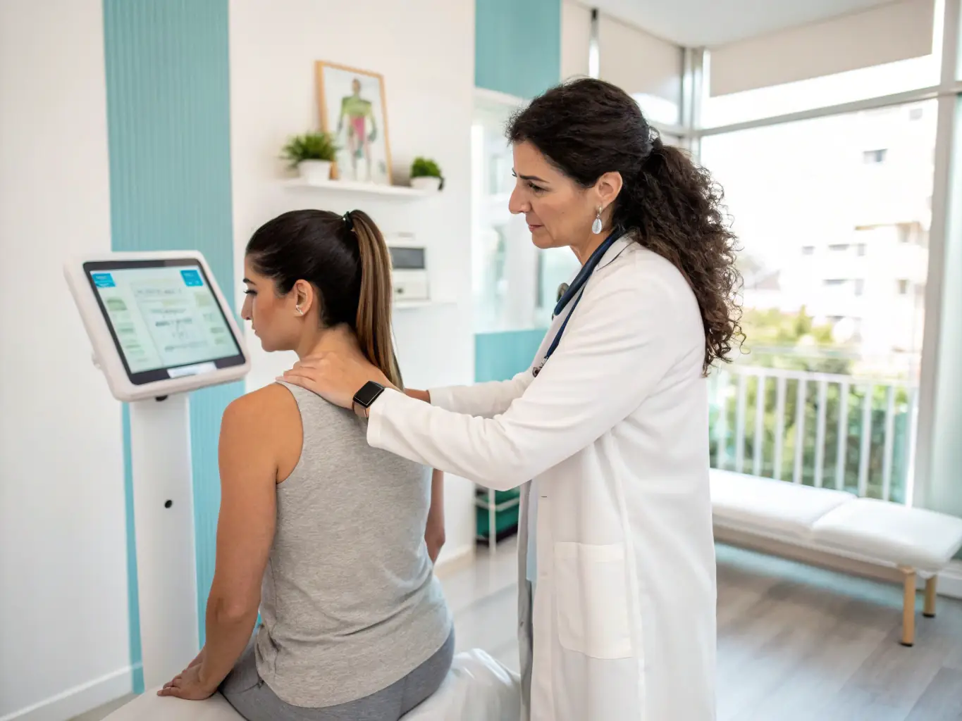 A patient undergoing sEMG biofeedback for chronic lower back pain, with sensors placed on their back muscles. The patient is focusing on activating their core muscles while receiving visual feedback on a monitor.