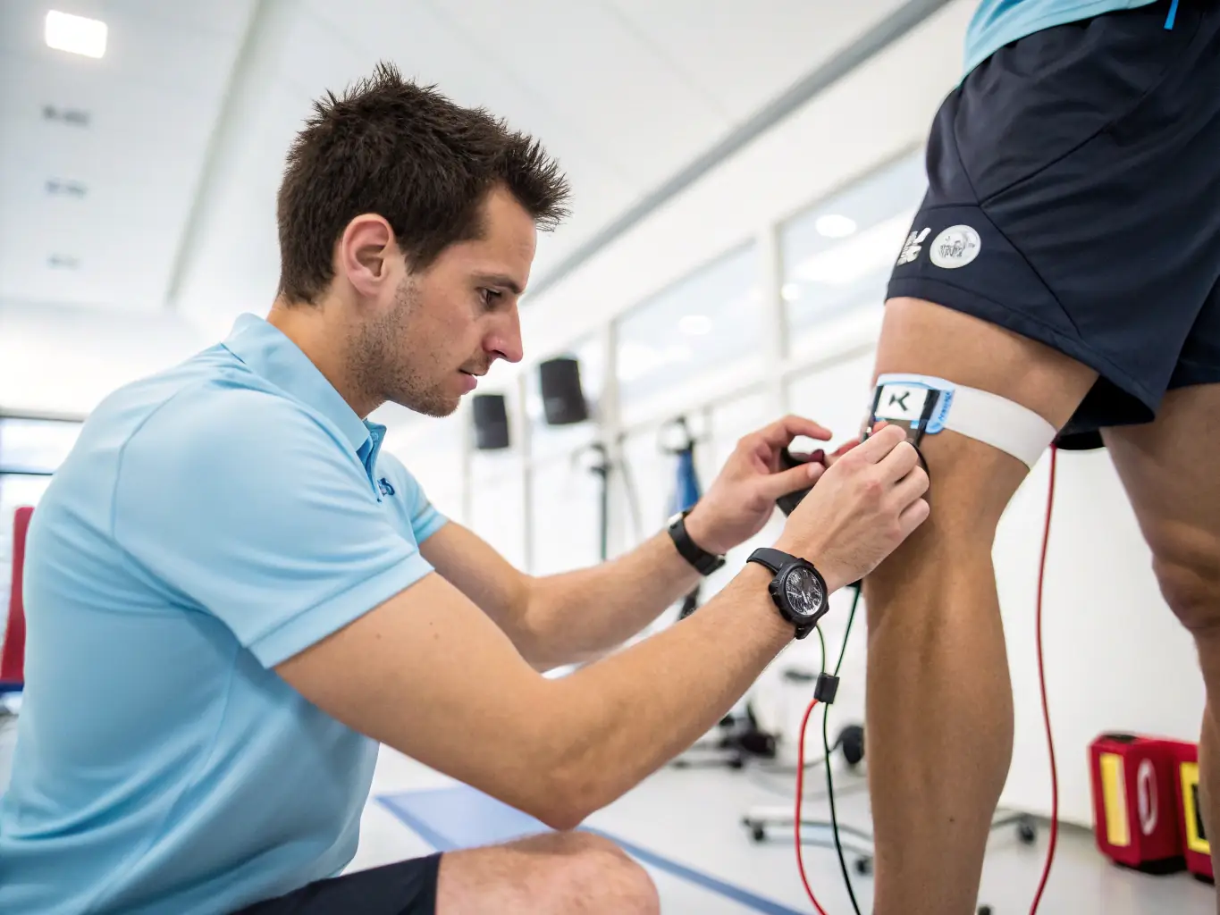 A close-up shot of sEMG sensors placed on a patient's quadriceps muscle during a session to correct muscle imbalances related to patellofemoral syndrome. The patient is performing a leg extension exercise.