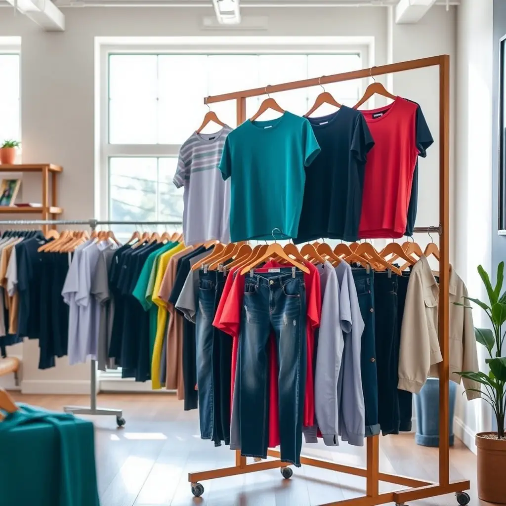 An image depicting a variety of clothing items neatly arranged in series, ready for shipping, in a Turkish wholesale warehouse. The image should convey organization and efficiency.