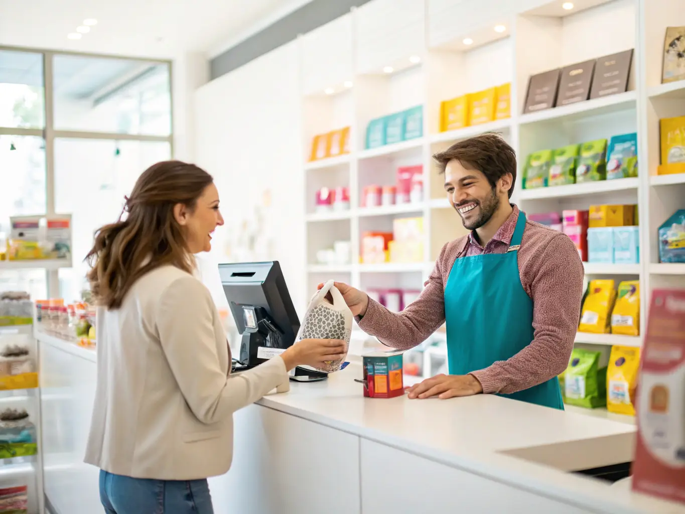 A professional photo of retail staff assisting a customer with a service dog in a retail store. The store is well-organized, and the staff is knowledgeable and helpful.