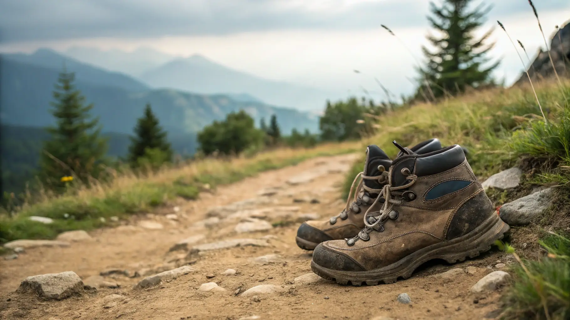 A close-up of hiking boots on a rocky trail.
