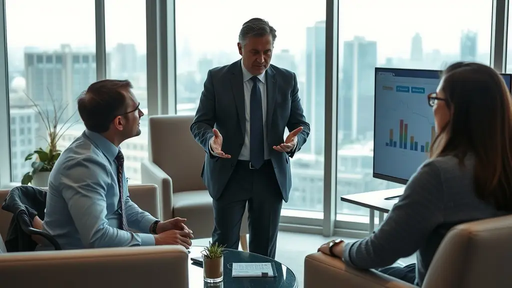A professional financial advisor consulting with high-net-worth individuals in a modern office setting, showcasing a successful partnership.