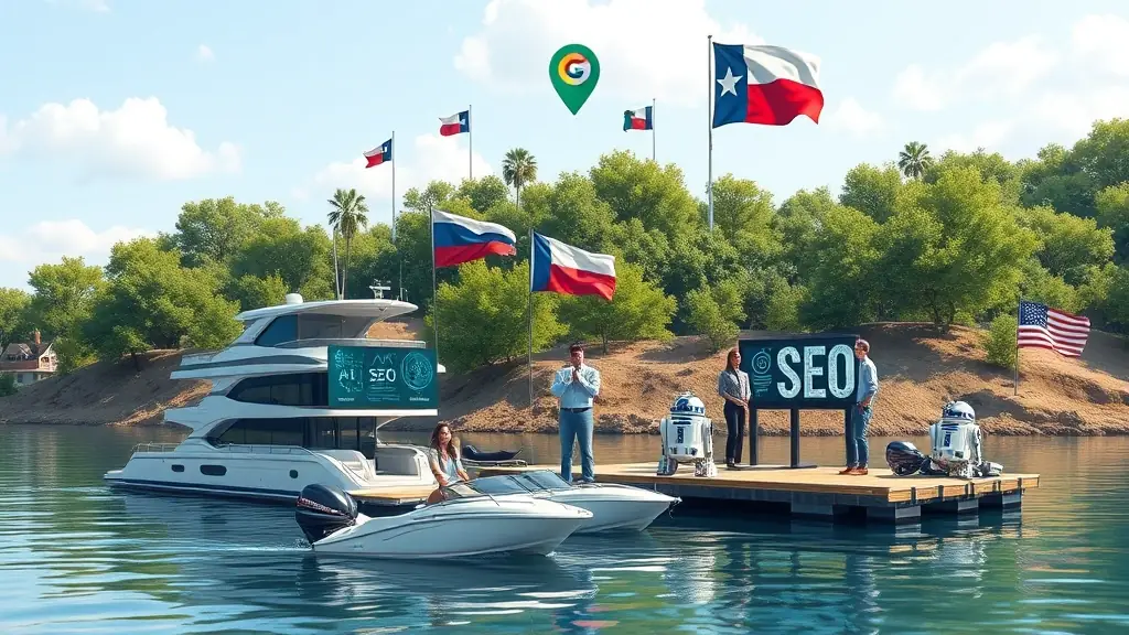 OmegaQube Agency location as shown on Google Maps, Knights Bluff DOCK BY THE Texas Bunker with R2 D2, SEO GURUS, AND AI FRIENDS, WITH TX AND USA FLAGS working at the Atlanta Tx Bunker LAKE With Omegacube Speedboats, House Boat and R2 AI Powered Hilltop Deck Meeting Knights Bluff working Google Maps
