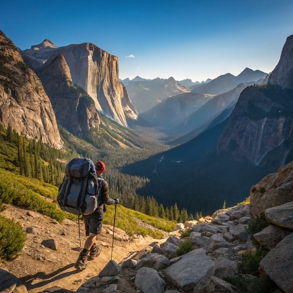 A person hiking in a Canadian national park, using high-quality gear, with a focus on the equipment being reviewed by Gearfinder.