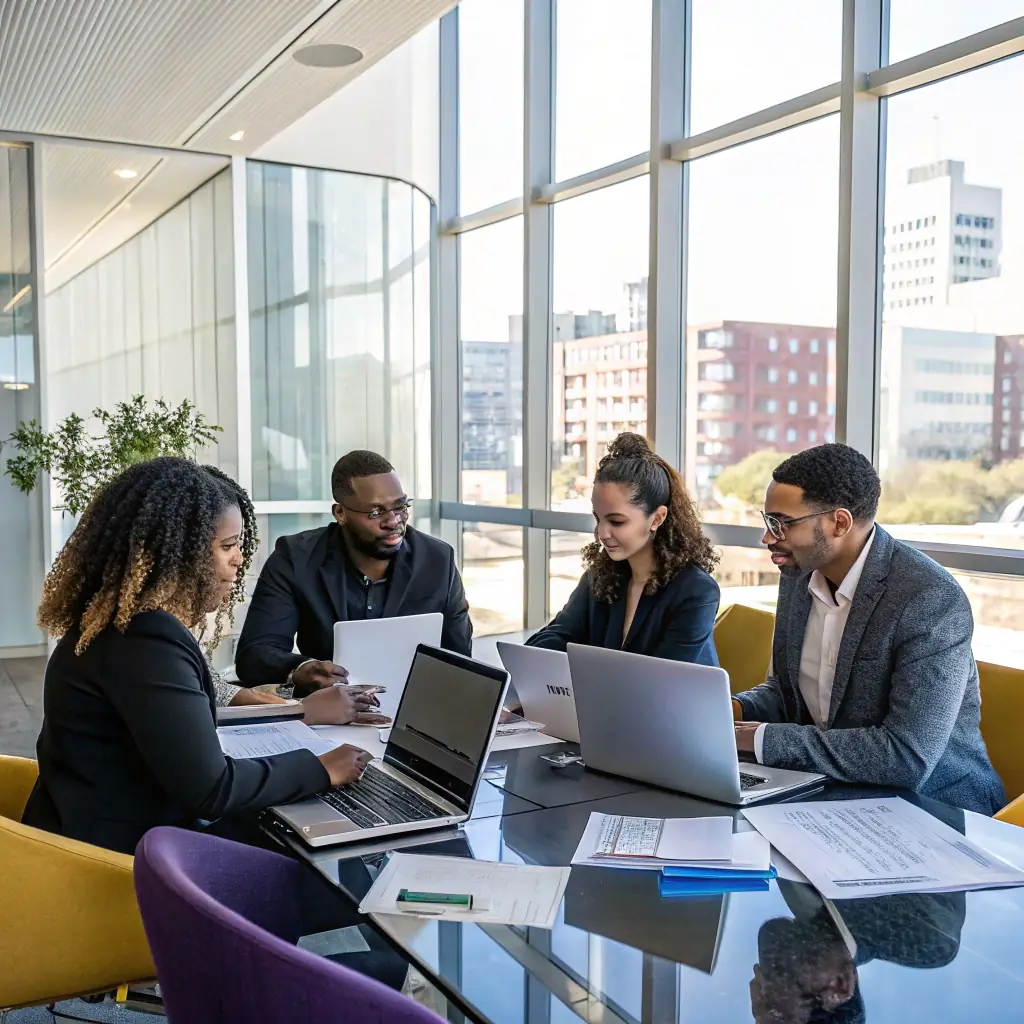 A professional team collaborating in a modern office environment, showcasing digital marketing strategies and client consultations