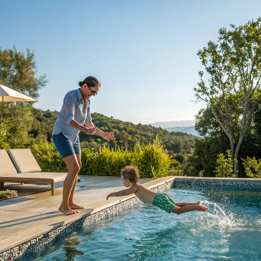 A happy baby splashing in a swimming pool with a parent, both smiling. The scene is brightly lit and conveys a sense of joy and safety.