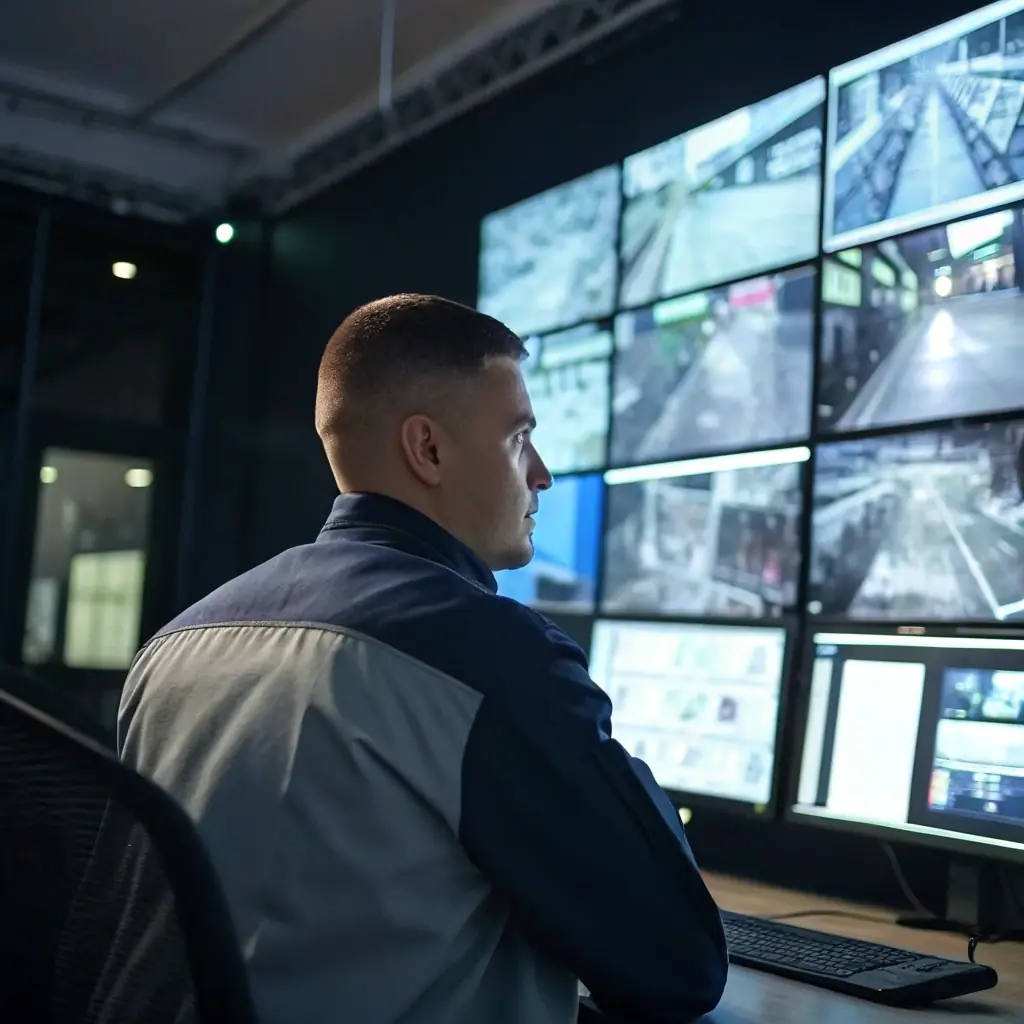 Ultra-realistic 4K photograph of a MATSQUI SECURITY officer speaking into a radio while observing multiple CCTV monitors. Dark uniform with "MATSQUI SECURITY" logo clearly visible, natural human features, realistic hand gestures. Background: modern control room, natural daylight, reflections on polished desks. Text overlay: "Immediate Action When It Matters Most." Photorealistic, no weapons, no badges, professional corporate style.