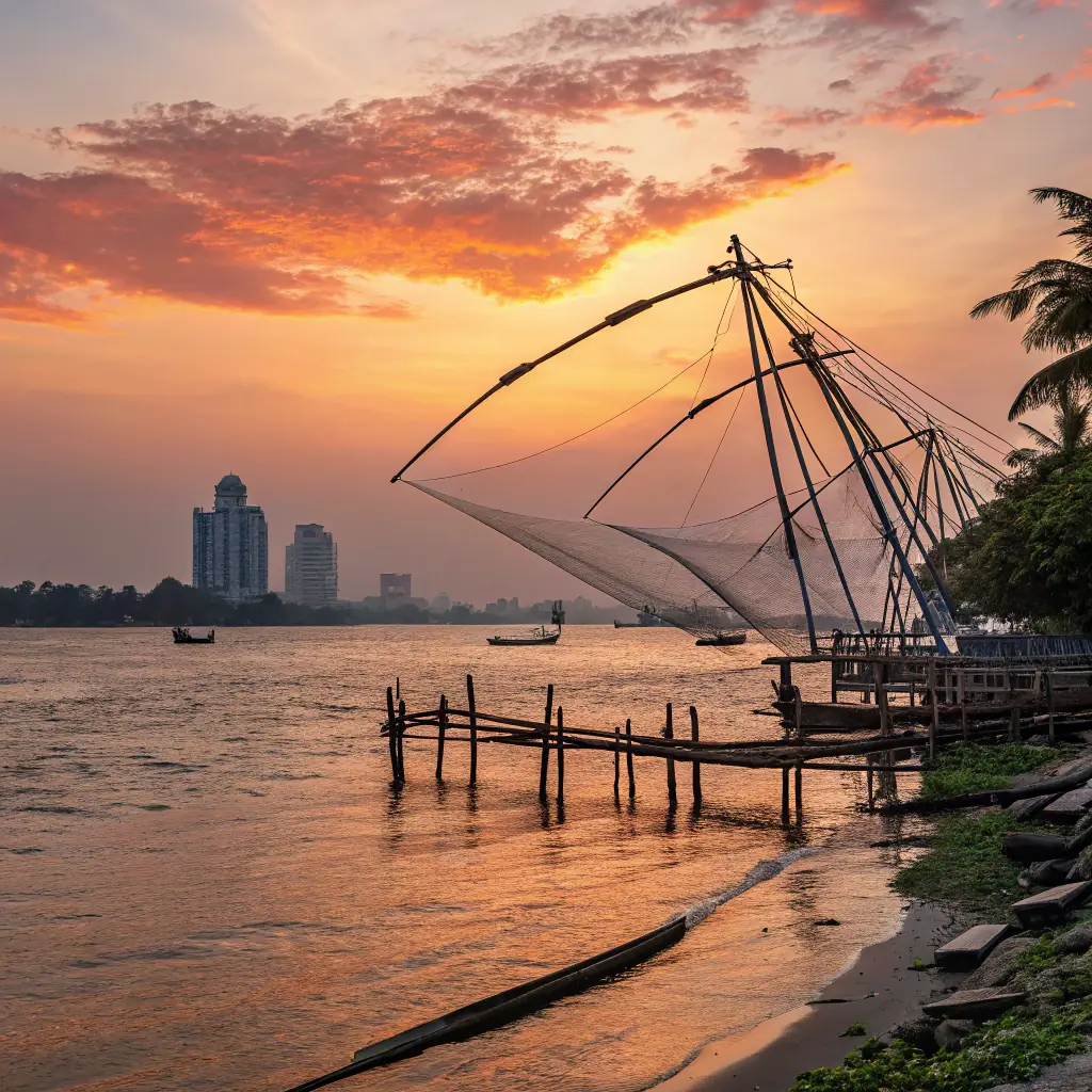 A photographer capturing a vibrant sunset over the Kerala backwaters, with traditional houseboats silhouetted against the colorful sky.