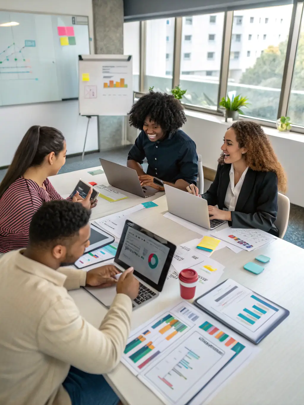 A collaborative team analyzing analytics reports, emphasizing the ongoing support and strategy development provided by Omegacube.