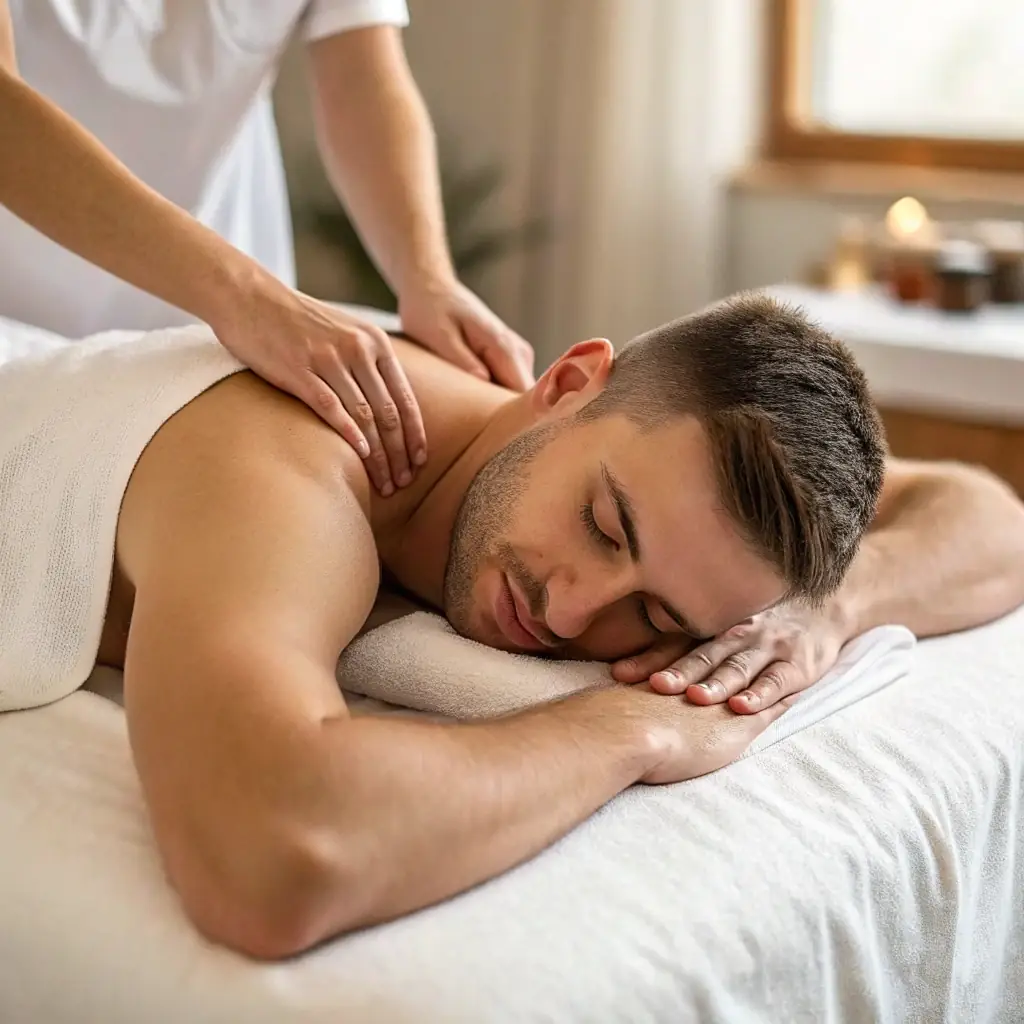 A massage therapist applying pressure to a client's shoulder muscles, focusing on a specific trigger point. The client is lying comfortably on a massage table in a well-lit, modern clinic room.