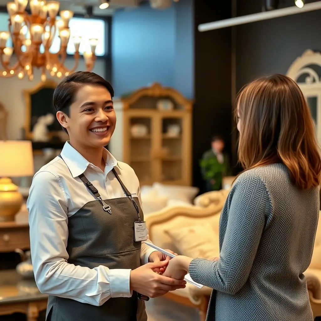 A friendly customer service representative assisting a customer with a leather bag, showcasing Siddiq Enterprise's commitment to after-sales support.