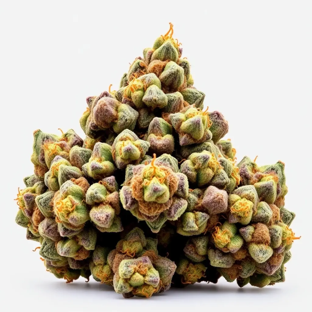 Close-up of Florida Wedding Buds, showcasing dense, compact structure, bright green coloration with purple undertones, orange pistils, and frosty trichome coverage.