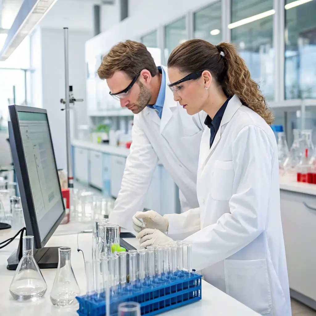 A modern laboratory scene with scientists in lab coats analyzing chemical samples using advanced analytical instruments, such as mass spectrometers and chromatographs, in a clean, high-tech environment representing professional chemical testing services.