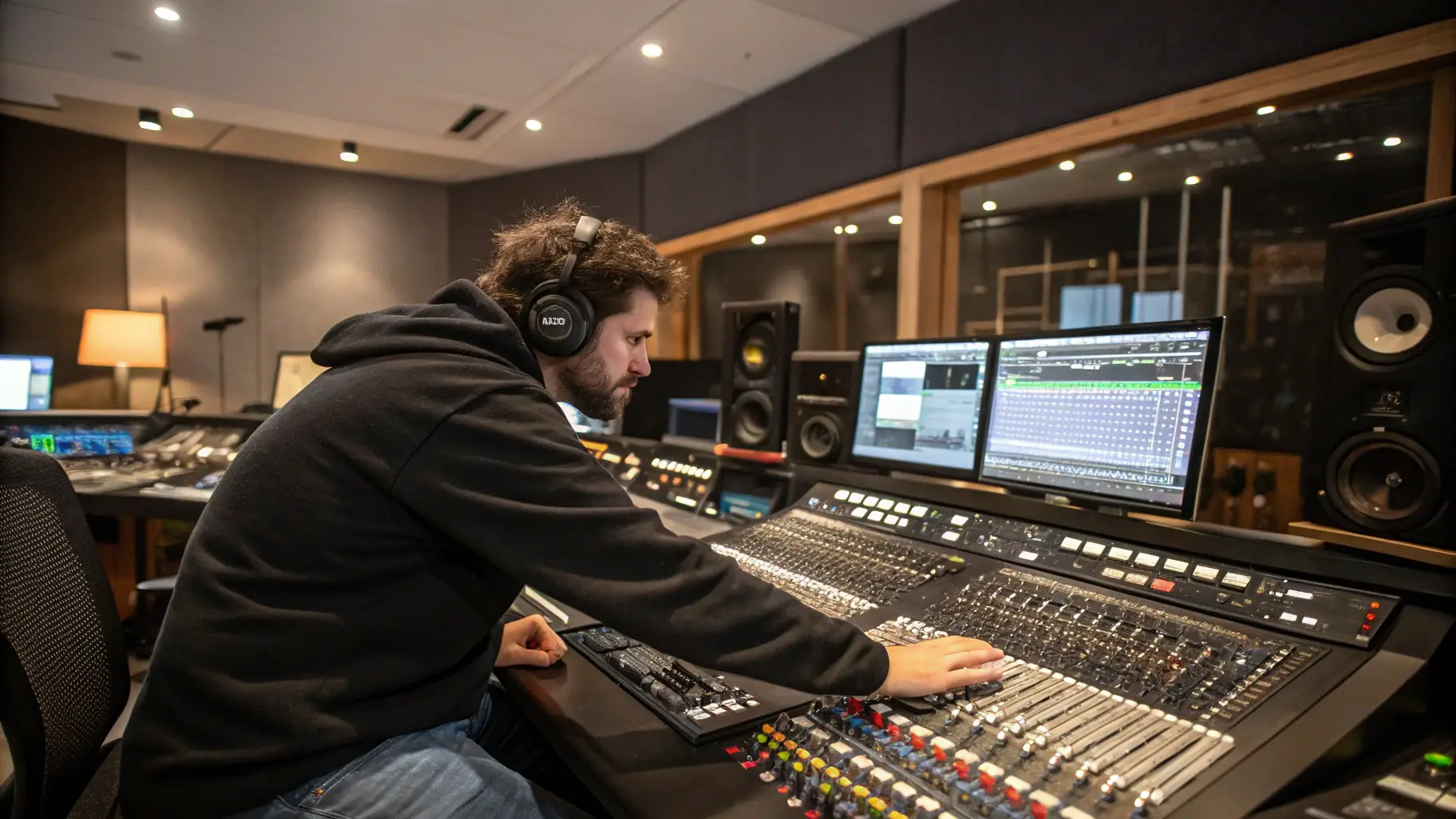 A sound engineer working at a mixing console in a professional recording studio, with various audio equipment and monitors visible in the background.
