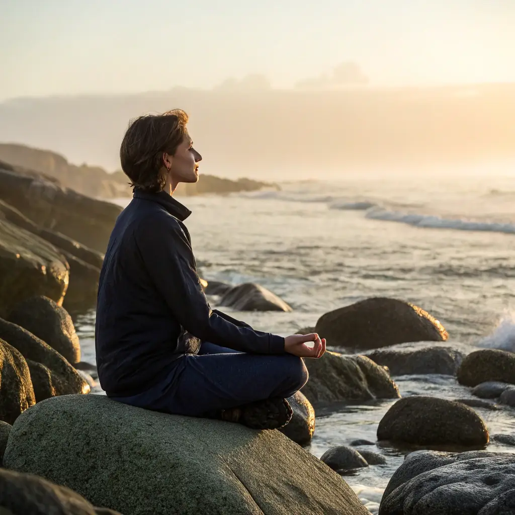A serene image of a person meditating on a beach at sunrise, embodying the tranquility and self-awareness promoted by Lucid In Life Coaching.