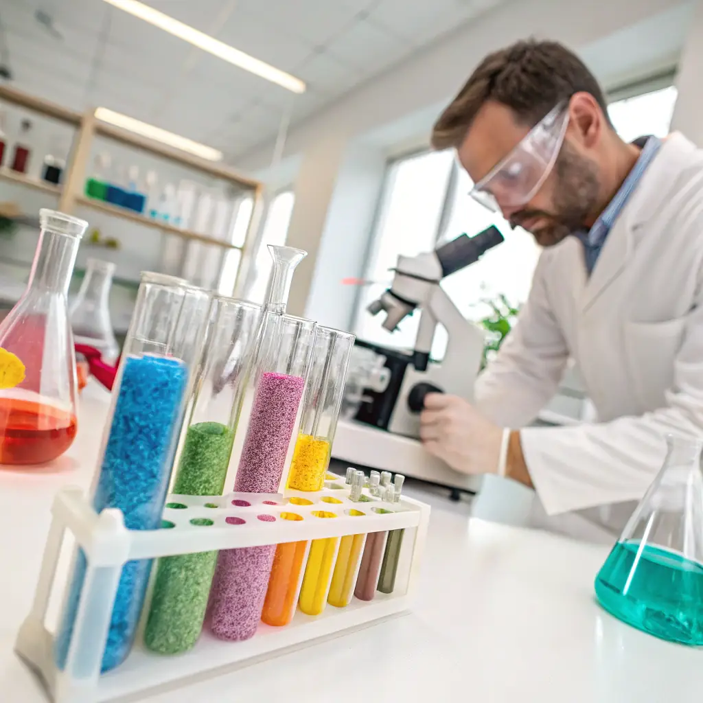 A close-up, high-resolution image of a laboratory technician in safety gear inspecting a clear chemical sample in a modern lab environment, with shelves of chemical containers in the background. This image will be used to convey quality assurance and professionalism on a chemical e-commerce website.
