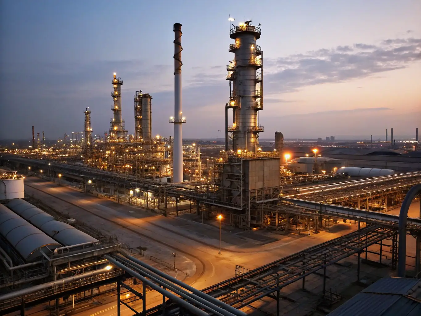 An oil refinery complex with pipelines and storage tanks, set against a sunset, illustrating Al Majallar Holding LLC's strategic interests and investments in the oil & gas sector.