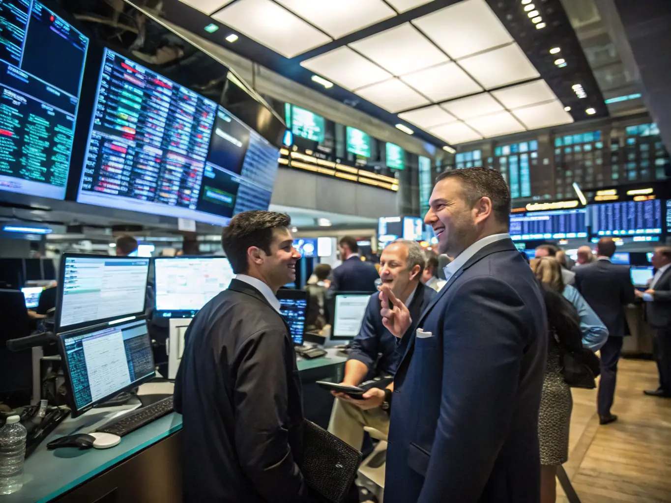 A bustling trading floor with screens displaying financial data and traders actively engaged, representing Al Majallar Holding LLC's involvement in financial services and general trading.