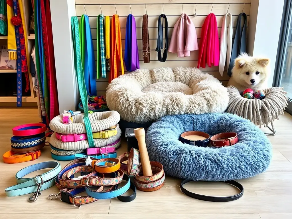 A professional image of handcrafted leather pet accessories, showcasing collars, leashes, and harnesses in a stylish setting
