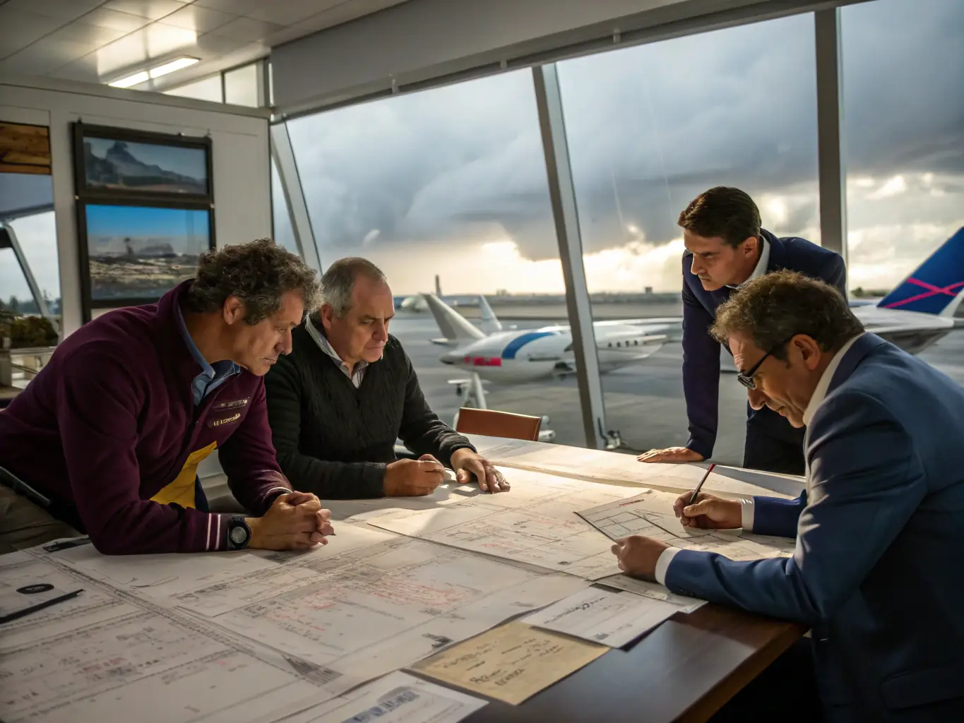 Aviation consulting team reviewing aircraft maintenance procedures in a modern office setting