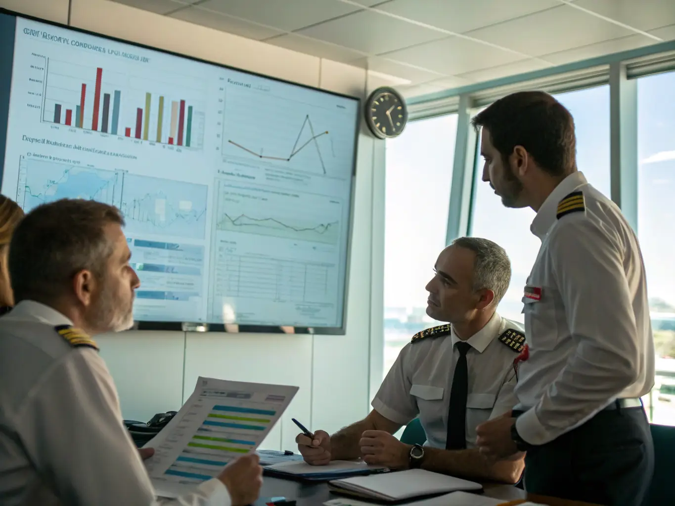 Aviation training session with professionals discussing safety protocols in a classroom