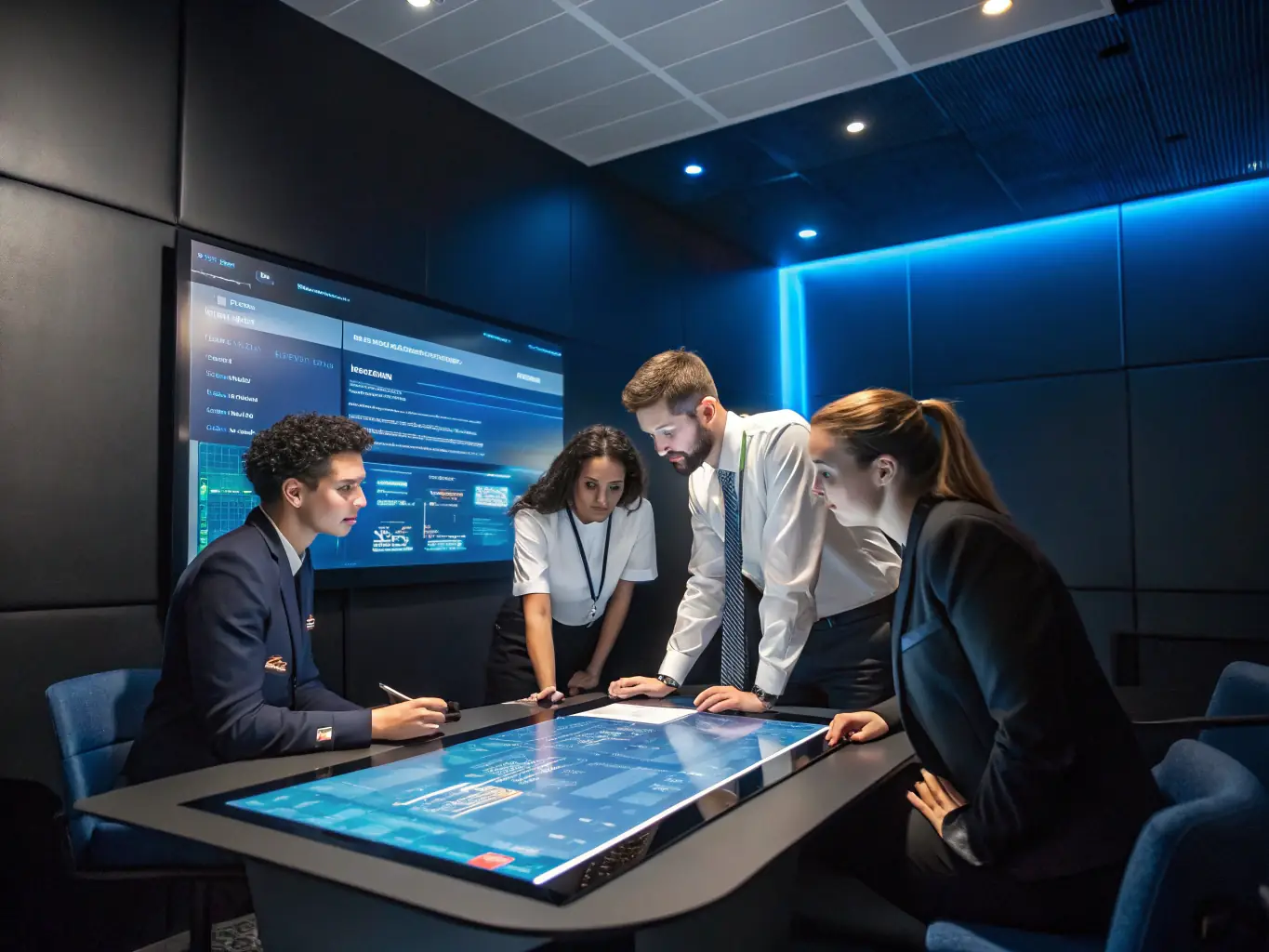 Technical support team providing consultation over technical documents in a conference room
