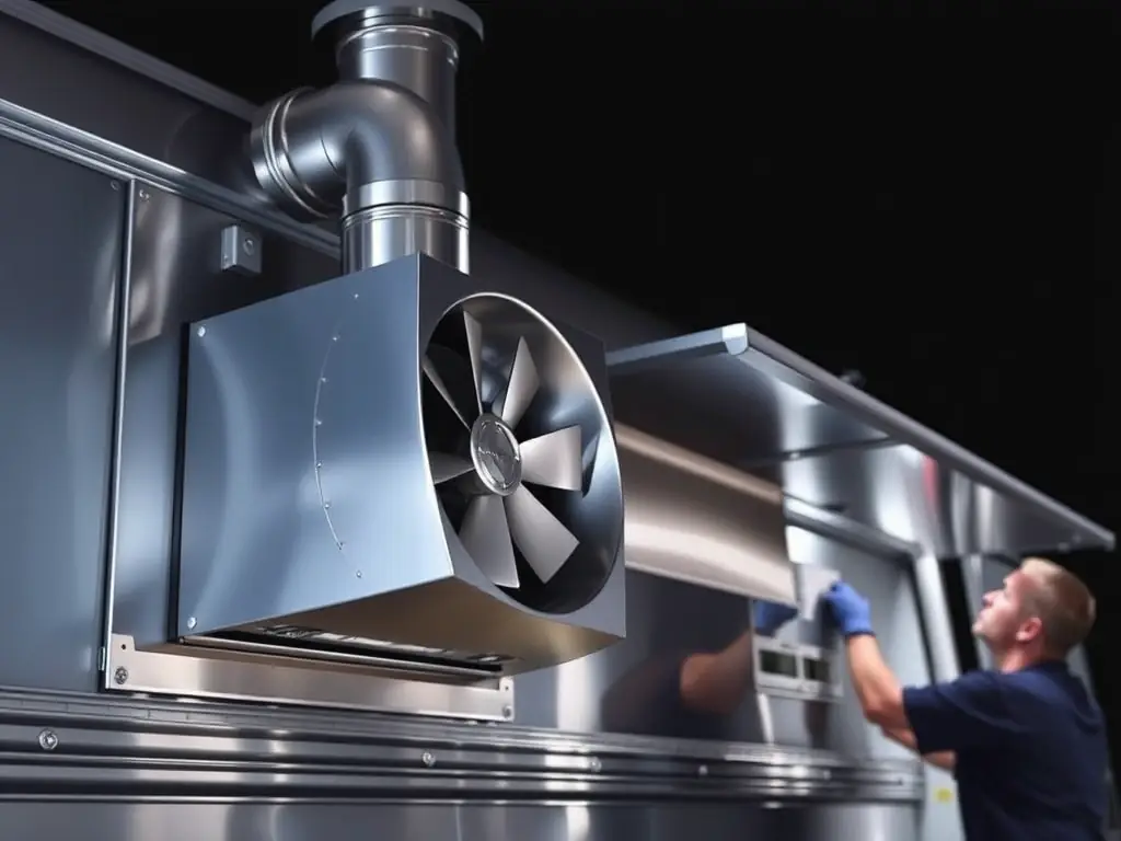 A food truck exhaust fan system, compact and efficient, undergoing maintenance to ensure it meets health and safety regulations and provides adequate ventilation for cooking operations.