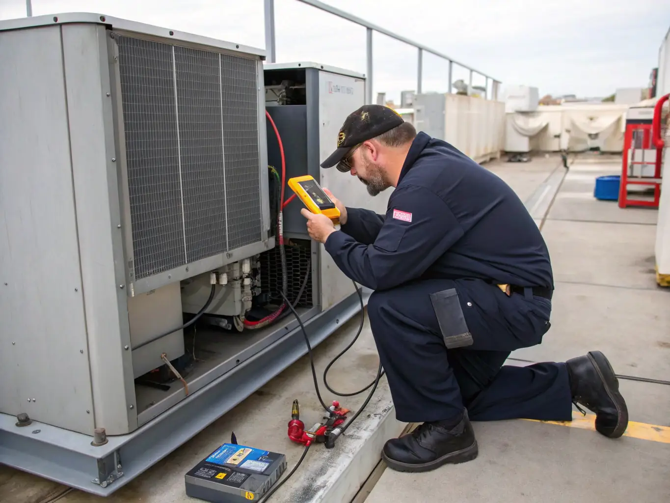 A hotel kitchen exhaust fan system being inspected by a technician, ensuring proper airflow and identifying any potential issues that could affect the system's performance and safety.