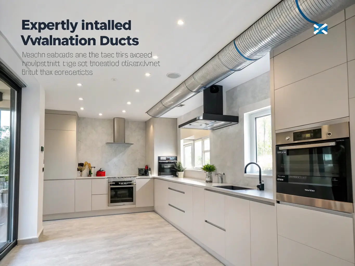 A commercial kitchen exhaust fan system with stainless steel hood and ductwork, professionally cleaned and maintained, ensuring optimal ventilation and compliance with health and safety standards.