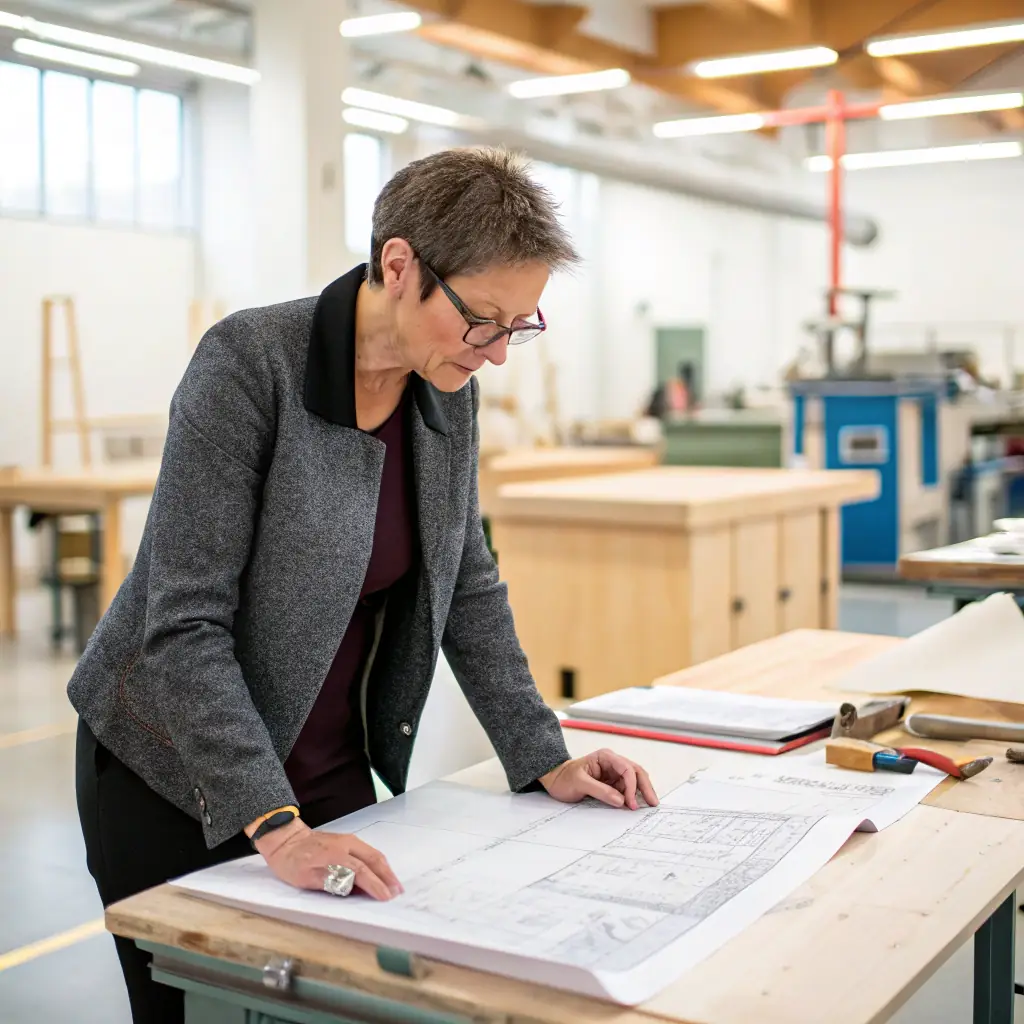 Ana tiene el cabello corto y rubio, usa un overol de trabajo y tiene un aspecto profesional.