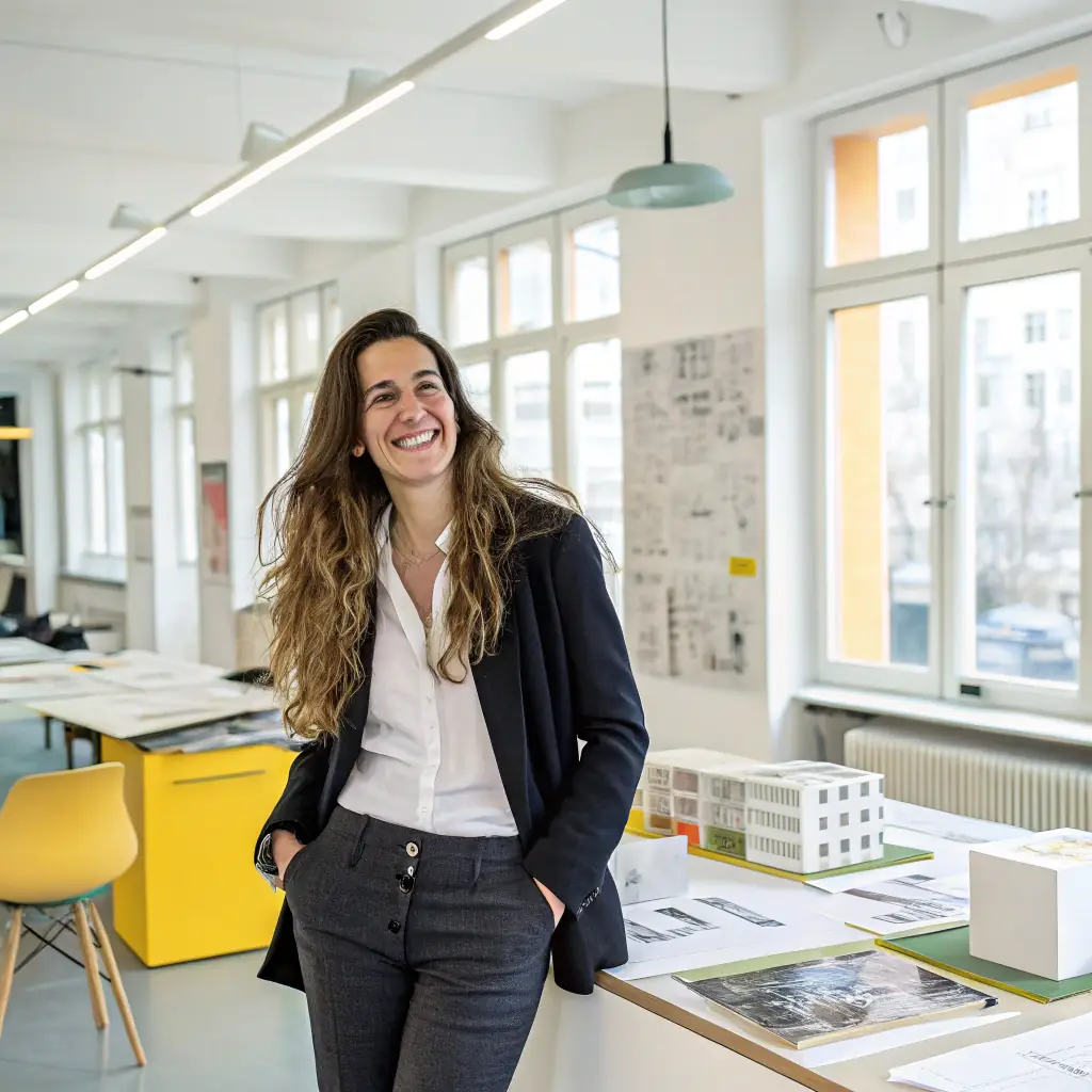 Lucía tiene el cabello largo y rizado, lleva una blusa azul y tiene una sonrisa amigable.