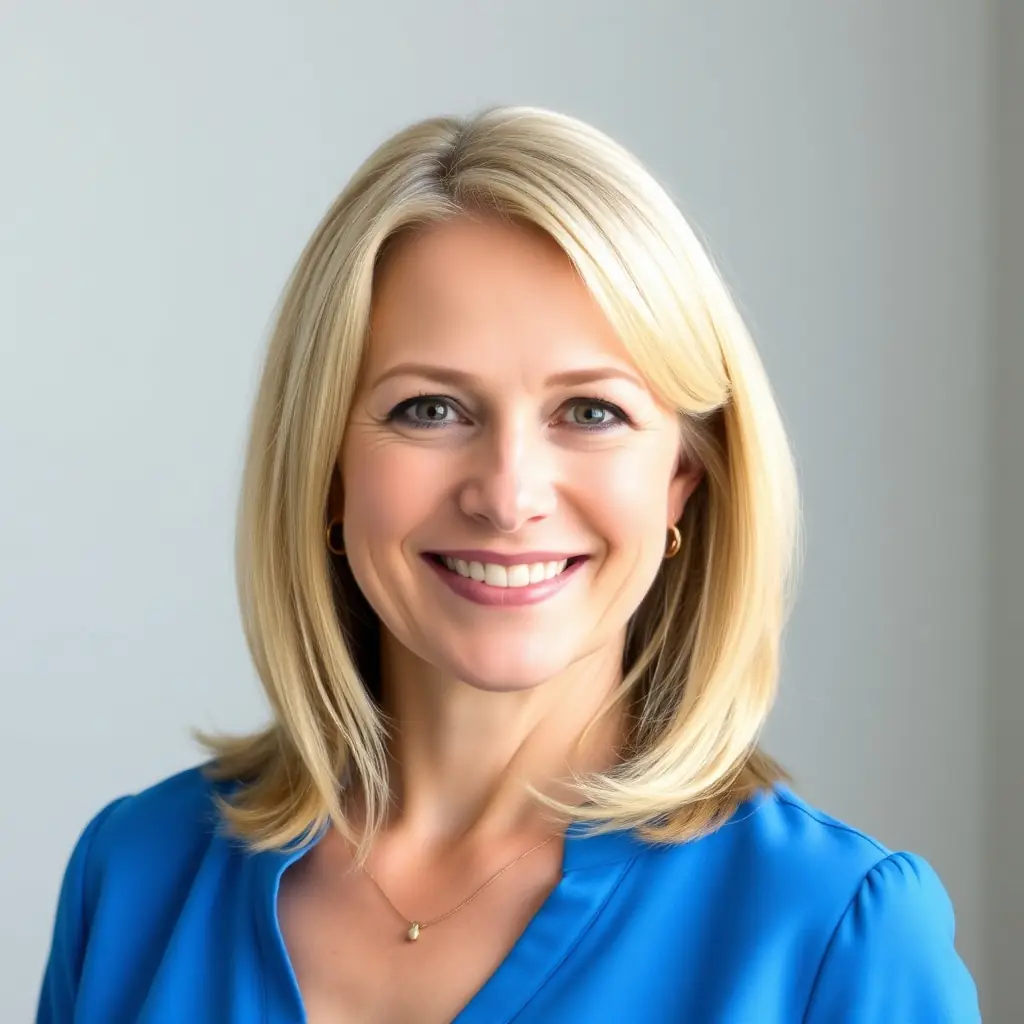 Annelies is a young woman with long, wavy blonde hair and bright blue eyes. She has a warm and approachable demeanor.