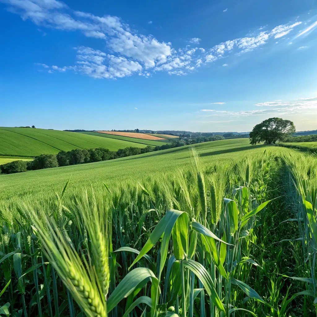A lush green field being monitored by a satellite, showcasing advanced crop monitoring technology.
