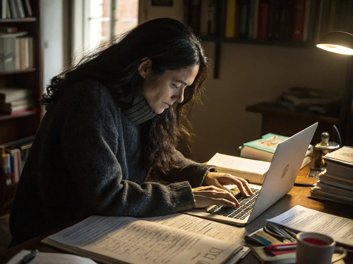 A freelancer working on a laptop in a home office, surrounded by invoices and financial documents, representing the challenges of managing 1099 income and taxes. The scene is brightly lit to convey a sense of productivity and focus.